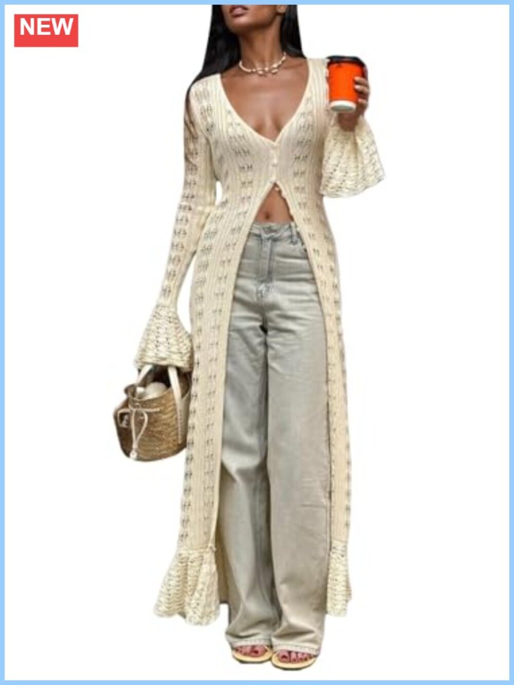 Crochet Hollow Out Knit Maxi Cardigan Button Down Bell Sleeve